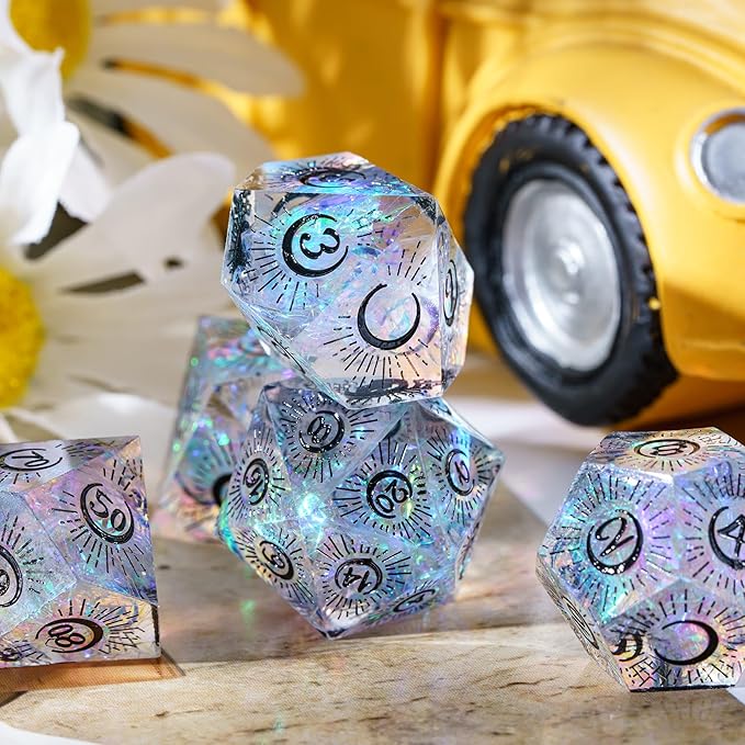 Cusdie Sharp Edges DND Dice, 7 PCs Moon Dice Set D&D Dice, Handcrafted Polyhedral Dice Set, for Role Playing Game Pathfinder(Moon/Black)
