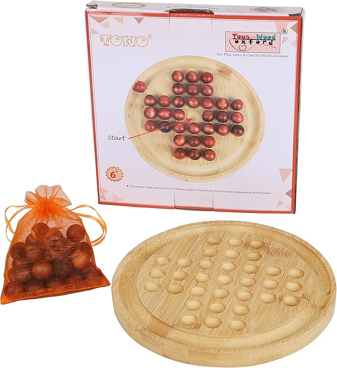 TOWO Wooden Solitaire Game –Peg Solitaire Puzzle Toy - Classic Board Game Marble Chess Mind Game 22.5 CM 8.8” Round Board with Wooden Balls One Player Gameplay Brainteaser Puzzle