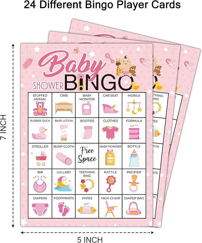 5"x7" Pink Baby Shower Bingo Cards (24 Kinds), Baby Shower Party Favors for Teenagers and Adults, Road Trip Activities, Travel Bingo, School Classroom Party Activity -005babygirl