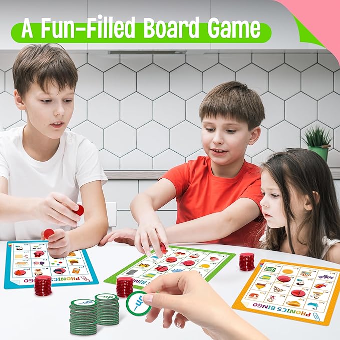 Alphabet & Phonics Bingo Game, 12 Bingo Boards ABC Letters, CVC Blends Words Phonetic Game, Letters Phonetic Awareness Early Educational Learning Toys - Ages 4 and up, Perfect for Classroom & At Home