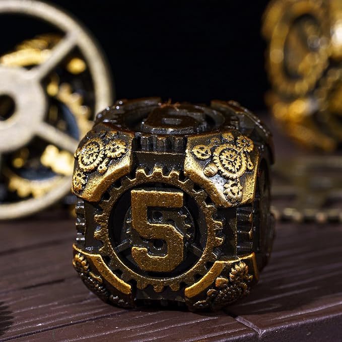 Metal Dice Set D&D, 7-Die DND Dice Metal Gear Dice with Gift Bag for DND Dungeons and Dragons Role Playing Games(Antique Gold)