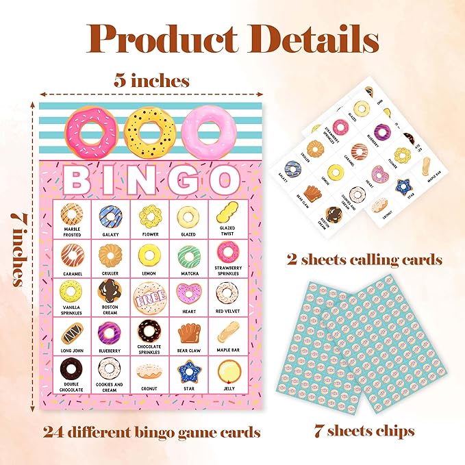 Donuts Games Bingo Cards, Gourmet Food Theme Bingo Game, Doughnut Baby Shower Game for Family Friends Large Multiplayer Group Activities, Donuts Party Birthday Favors Gifts -03