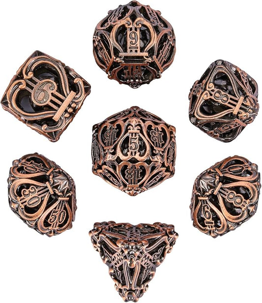 Cusdie 7-Die Metal Dice Set - Hollow Design with Bells - Crisp Sounding Gaming Dice in Tin Box - Perfect for Tabletop RPGs & Board Games(Ancient Copper)