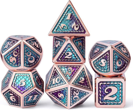DNDND Metal D&D Dice Set,7 Pieces Dragon Scale Metallic D&D Die with Gift Metal Case for Dungeons & Dragon Game (Teal and Purple with Copper Edge)
