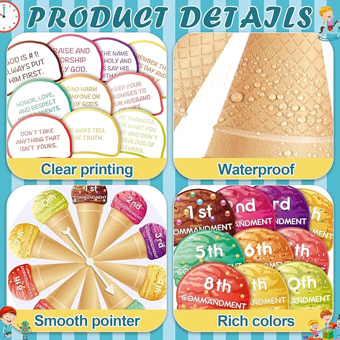 Ten Commandments for Kids Ice Cream Scoop Game Ten Commandments Learning Wheel Sunday School Games 10 Crafts Kids Bible Supplies Religious Educational and Learning Activities