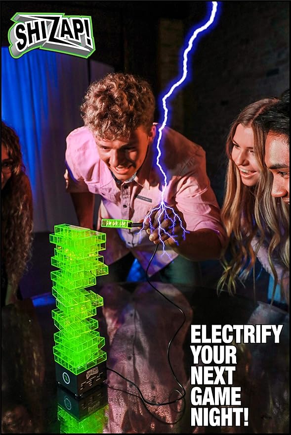ShiZap! - Illuminated Electric Shock Stacking Block Game, Plastic Tumble Tower Blocks, Shocking Tweezers, LED Base That Plays Suspenseful Music, Family Fun Party Games for Teenage Boys, Girls, Adults
