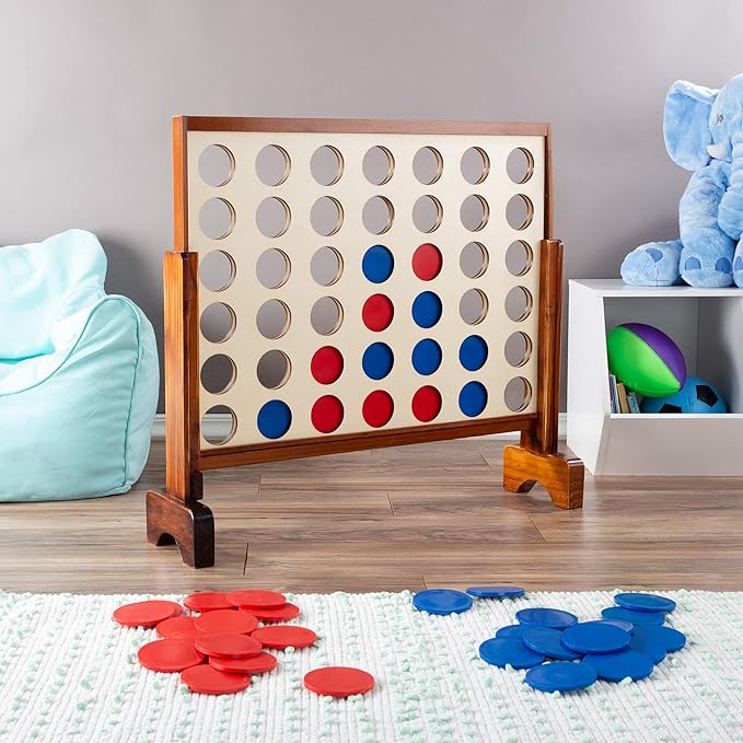 Hey! Play! 4-in-A-Row-Giant Classic Wooden Game for Indoor and Outdoor Play-2 Player Strategy and Skill Fun Backyard Lawn Toy for Kids and Adults