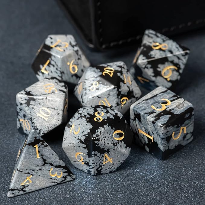 UDIXI Gemstone Dice Set DND, 7PCS Natural Snowflake Stone D&D Dice Set with Leather Gift Case for Dungeons and Dragons Table Games (Snowflake Obsidian)