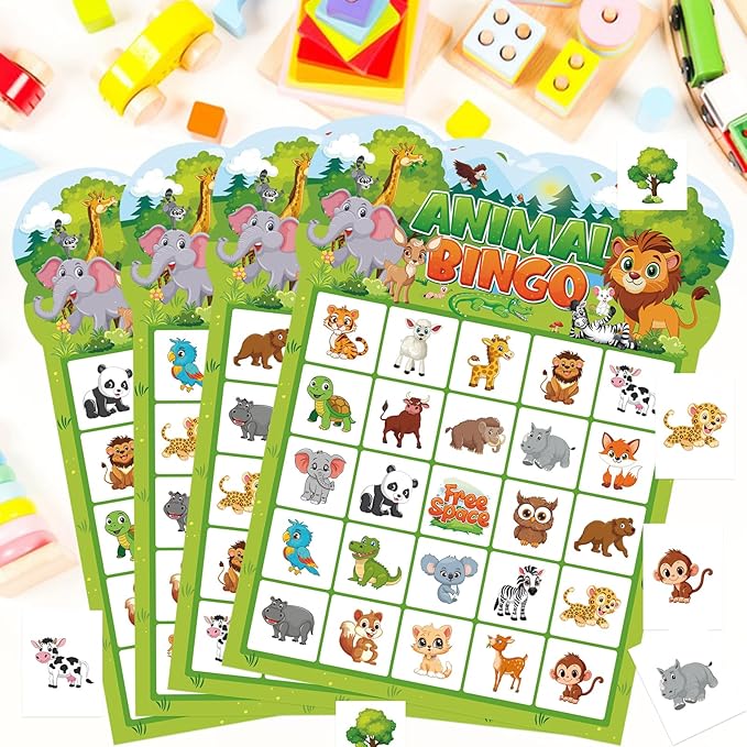 Animal Bingo Game for Toddler Adults, 24 Players Jungle Safari Animal Bingo Game Cards Birthday Party Bingo Cards for School Classroom Family Activities