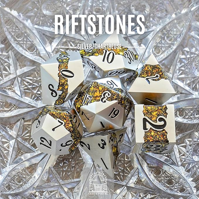 Sage's Portal Metal Riftstone DND Dice 7-PC Polyhedral Dice Set for DND TTRPG Dungeons and Dragons Pathfinder Oversized Designer Dice (Pearl Silver/Chartreuse)