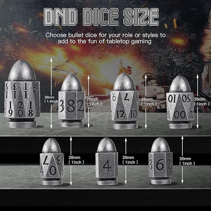 Bullet Dice Set - 36MM Large D20 for Dungeons and Dragons, 7PC Role Playing Game Dice With Cyberpunk Theme for Warhammer War Crime (Antique Silver)
