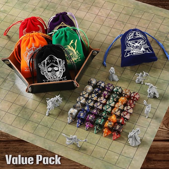 D&D Dice Set with Characters Pattern Dice Pouches, 42 Pcs polyhedral dice Set, PU Leather and Velvet dice Tray for Dungeons and Dragons D&D RPG MTG Table Games Starry Sky