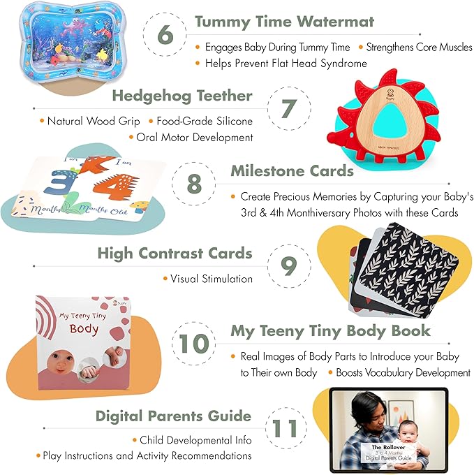 Montessori Toy Set 3-4 Month Infant Toys - Tummy Time Activity Mirror, Water Mat, Sensory Wooden Rattles, Black and White Cards, OBall, Baby Body Board Book, Newborn Gifts Basket