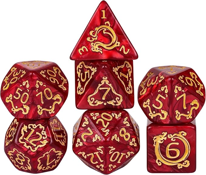 7-Die DND Dice Set Dragon Pattern Polyhedral Dice Set with Leather Bag D&D Dice Set for Dungeons and Dragons RPG MTG Table Games (Red W/Gold Dragon Pattern)
