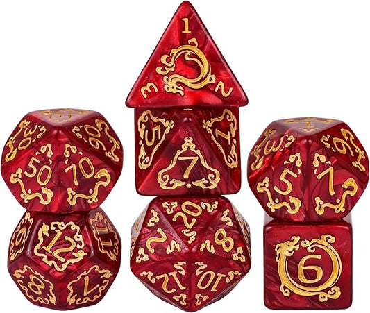 7-Die DND Dice Set Dragon Pattern Polyhedral Dice Set with Leather Bag D&D Dice Set for Dungeons and Dragons RPG MTG Table Games (Red W/Gold Dragon Pattern)