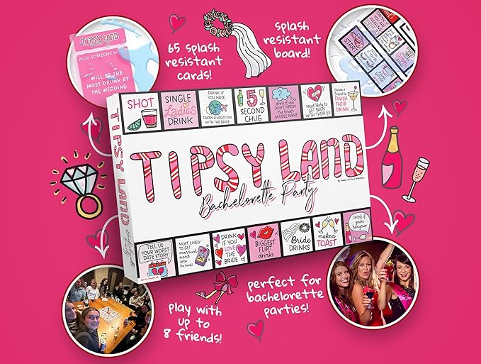 TIPSY LAND Bachelorette Edition Your New Favorite Party Board Game, More Than 75 Unique Spaces for Calling Out Friends, Silly Dares & Confessions, Mini Competitions