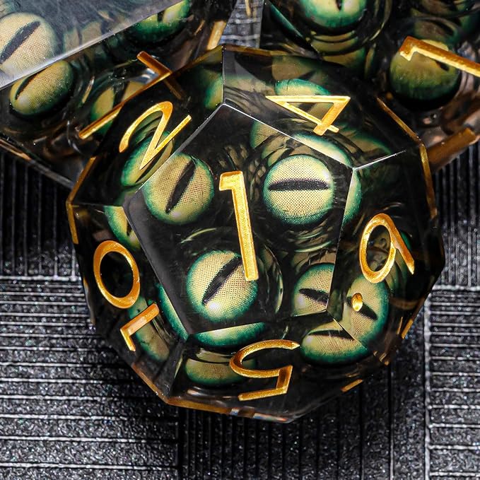 Dungeons and Dragons Dice DND Resin Mixed Eyeball Dice Set 22-32mm Large Sharp Edged Dice Set with Box, Polyhedral D&D Role Playing Game D&D Dice Set D20 D12 D10 D8 D6 D4 (Green Eyes+Gold Ink)