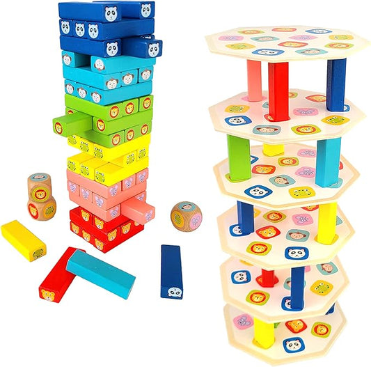 Stacking Tower Game - Dice & Stacking Cards Animal Edition - Mini Colorful Blocks - Multiple Ways to Play Family Game Night - Games for Kids and Adults