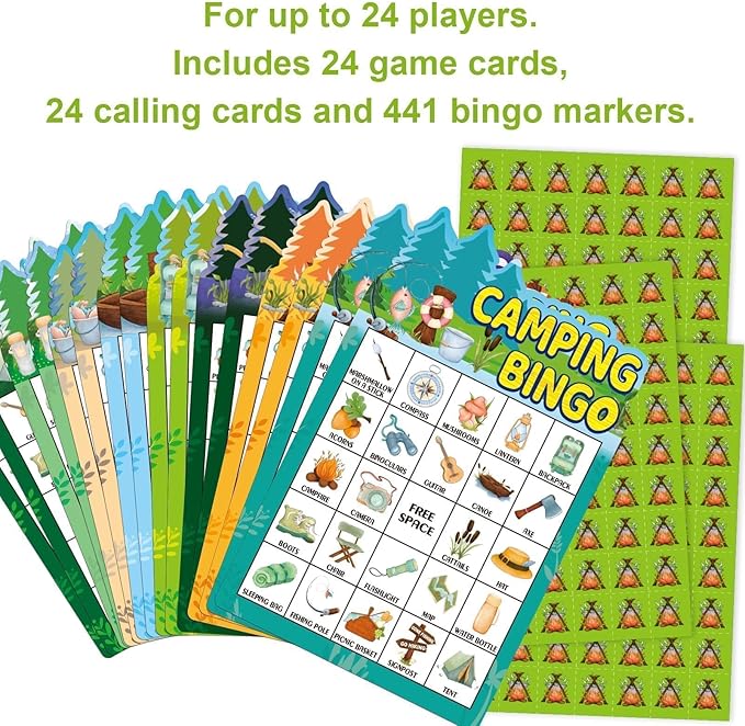Fancy Land Camping Bingo Game for Kids 24 Players Die Cut Outdoor Adventure Game Summer Graduation Party Supply