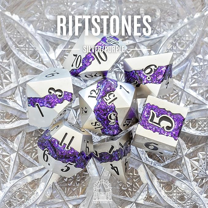 Sage's Portal Metal Riftstone DND Dice 7-PC Polyhedral Dice Set for DND TTRPG Dungeons and Dragons Pathfinder Oversized Designer Dice (Pearl Silver/Purple)