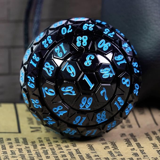 100 Sided Polyhedral Dice, Single D100 Game Dice, 100 Sided Cube with Black Pouch, D100 die 48 mm (Black with Blue Number)