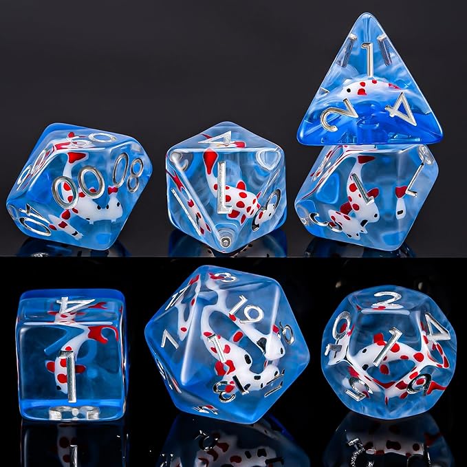 Red Fish Resin D&D Dice Set, Polyhedral Dice for Dungeons and Dragons Role Playing Games (D20, D12, D10, D8, D6, D4)