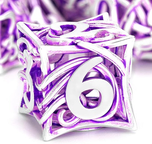 Metal DND Dice Set of 7 for Dungeons and Dragons Hollow Polyhedral Metal Vine Dice Set D&D with Case Role Playing D and D RPG Dice for Tabletop Games Ttrpg (Vine White Purple)