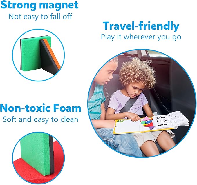 Vanmor Travel Tangram Puzzle - 3 Sets of Magnetic Tangram with 240 Solution - Montessori Shape Pattern Blocks Jigsaw Road Trip Games IQ Book Educational Toy Brain Teaser Gift for Kids Adults Challenge