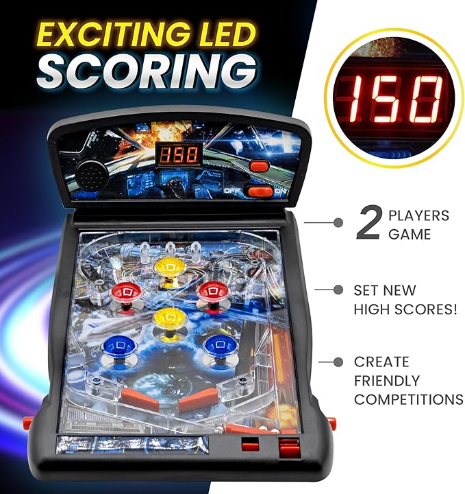 New Era Pinball Game Black – Interactive Tabletop or Floor Arcade Pinball Machine for Kids & Adults – LED Scoring, Lights & Sounds, Fast & Fun 3-Ball Launch Game – Ideal Gift for Birthdays & Christmas