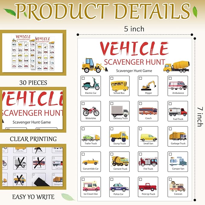 Hoolerry 30 Pcs Nature Scavenger Hunt for Kids Road Trip Game Car Scavenger Hunt Cards Travel Activities Camping Games Outdoor Indoor Seek Activity for Kids Adults(Vehicles)