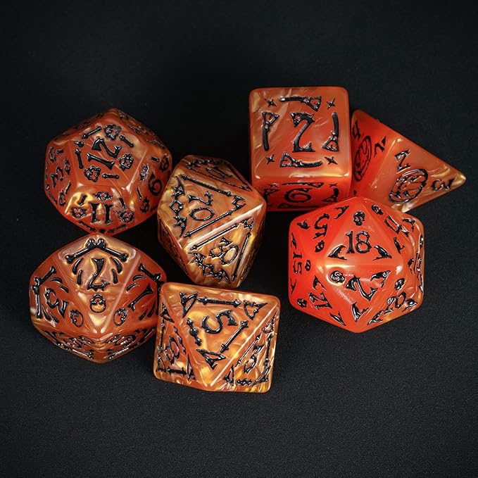 7-Die DND Dice Set Halloween Pattern Polyhedral Die Set with Leather Bag, Skull Dice D&D Die for Dungeons and Dragons RPG Table Games (Halloween Pattern-Orange/Black Number)