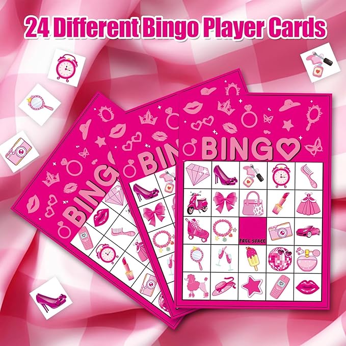 Pink Party Bingo Games Hot Pink Birthday Party Game for Kids Adults Girls Birthday Party Favors 24 Players Bingo Cards Princess Doll Game for Family Holiday Gatherings Party Supplie