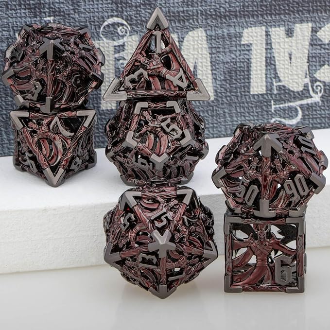 Hollow DND Dice Set Metal Wizard Dice with Box, 7pcs Red Black Polyhedral D and D Dice for use with D&D RPG Tabletop Games Role Playing Game