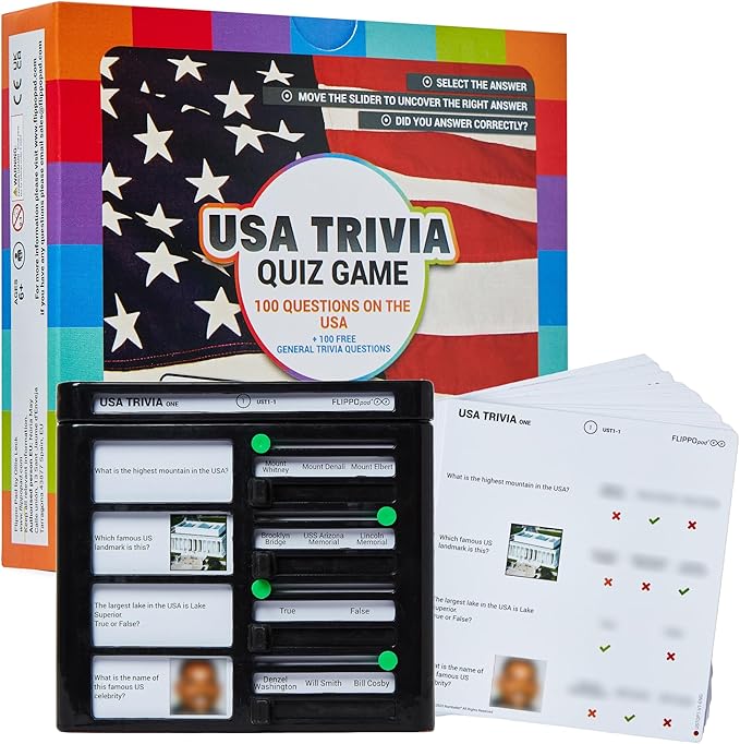 Quiz Device Game - USA Trivia Quiz Game - 25 Cards - 200 Questions - Educational & Fun - Ideal Travel Games for Kids - Family Quiz Games - Portable Pack - Age 6+