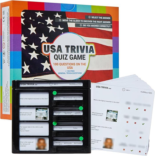 Quiz Device Game - USA Trivia Quiz Game - 25 Cards - 200 Questions - Educational & Fun - Ideal Travel Games for Kids - Family Quiz Games - Portable Pack - Age 6+