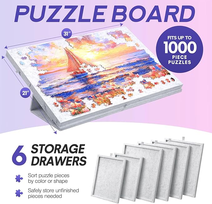 Hatisan Puzzle Board with Drawers & Cover - 1000 Pieces Blanket Jigsaw Puzzle Board with Lazy Susan Spinning Cover Colorful Sorting Trays for Family (Silver, 1000 PCS)