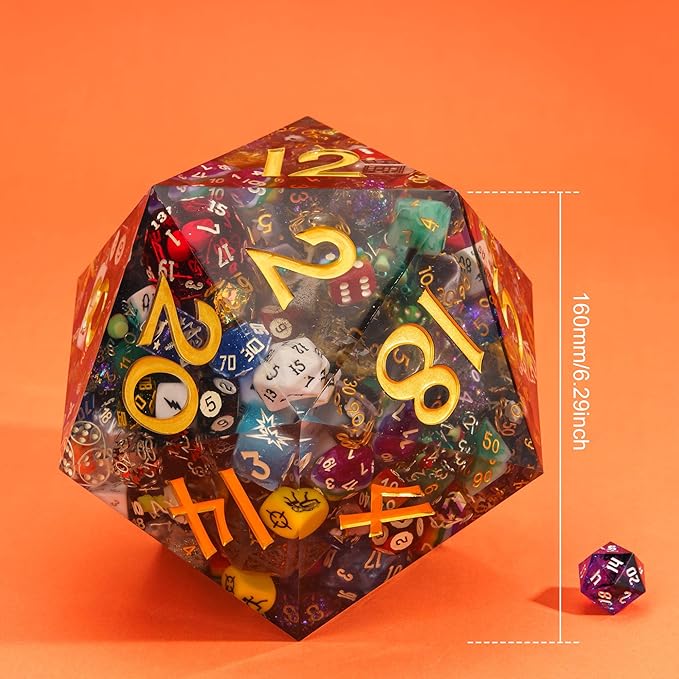 UDIXI Giant D20 DND Dice 160mm with Sharp Edges and Hundreds Inclusions, Large 20 Sided Dice for Dungeons and Dragons, Handmade D&D Ornaments for Home Decor