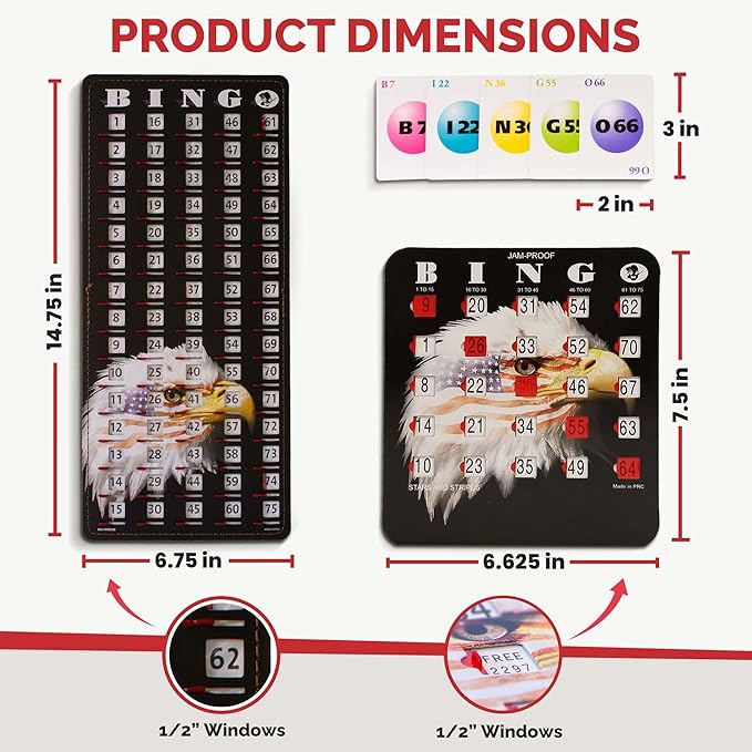 MR CHIPS Jam-Proof Bingo Cards with Sliding Windows, 25 Reusable Shutter Cards, 75 Calling Cards 1 Master Board in Star and Strips Style