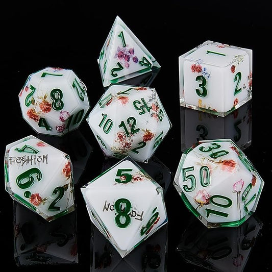 DND Dice Set Polyhedral, IDTQ Dungeons and Dragons Purple Dice Set RPG MTG Table Games 7-Die Resin Sharp with Acrylic Starlight Accent Box (Rose-White)