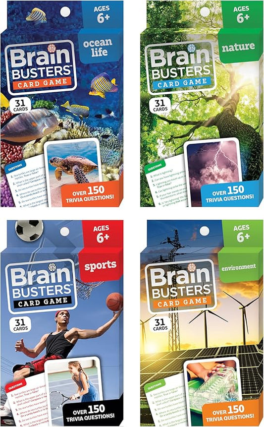 Brain Busters Card Game for Kids, Family Trivia Game Bundle with 120 Flash Cards - Learn and Play with Multiple Choice Trivia Cards About Environment, Sports, Ocean Life and Nature (Ages 6+)