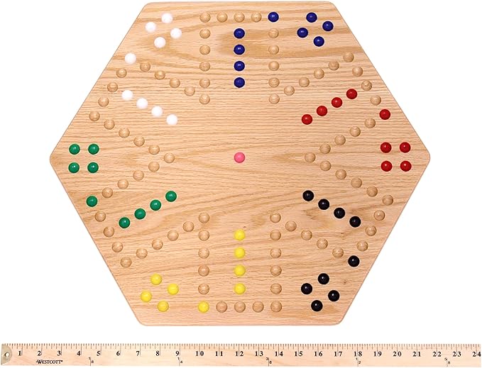 AmishToyBox.com Wahoo Marble Game Board Set - 20" Wide - Solid Oak Wood - Double-Sided - with Large 18mm Marbles and Dice Included