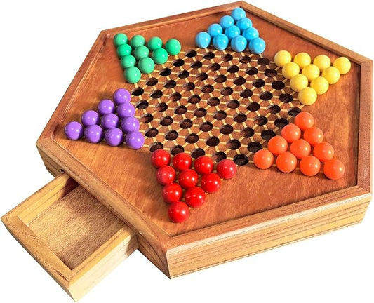 HOLYKING 12.6 Inchs Wooden Chinese Checkers with Drawer-Traditional Board Game with Set of 60 Colorful Acrylic Marbles, Classic Strategy Family Game for up to 6 Players