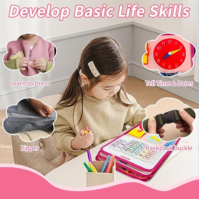 Montessori Busy Board for Toddlers 1-3 Years Sensory Activity Board with Zipper, Buckle, Laces - Educational Travel Toy, Learning Fine Motor Skills, Montessori Toys for 1 2 3 Year Old Boys Girls