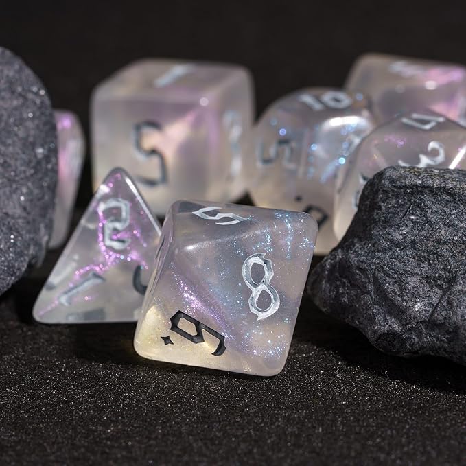 7-Die DND Dice Set Polyhedral Dice Set with Leather Bag D&D Dice Set for Dungeons and Dragons RPG MTG Table Games (Transparent w/Glitter)