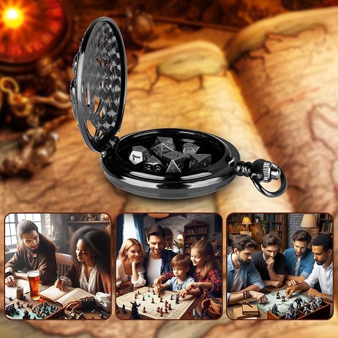 Mini DND Dice Set With Steampunk Hollow Octopus Pocket Watch Shell Case, 7pcs Polyhedral Metal Dice Set, D&D Gifts With Gift Box, Role Playing Board Games Accessories, Black