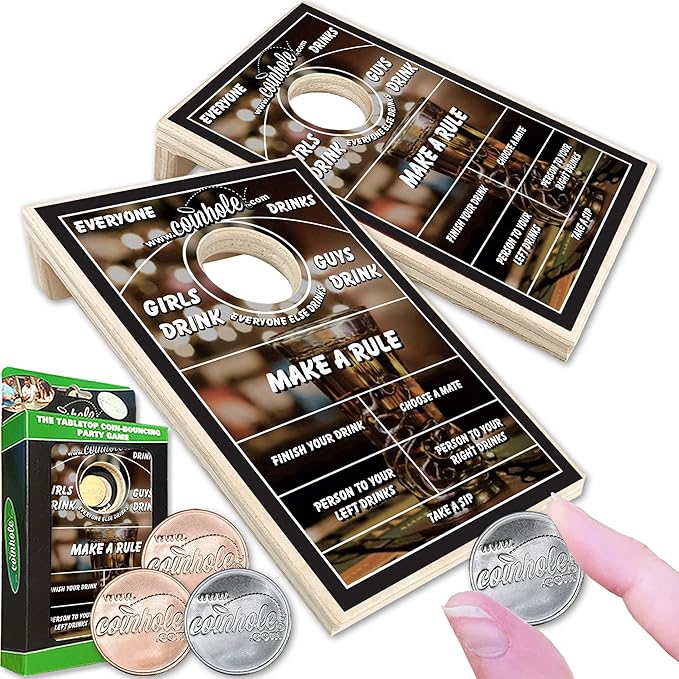 Desktop Coin Bouncing Party Set | Tabletop Cornhole Board | Small Travel Game Includes Coins