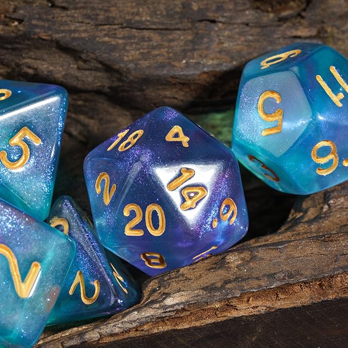 7-Die DND Dice Set Polyhedral Dice Set with a Leather Dice Bag, D&D Dice Set for Dungeons and Dragons, RPG, MTG Table Games (Purple Cyan/Glitter)