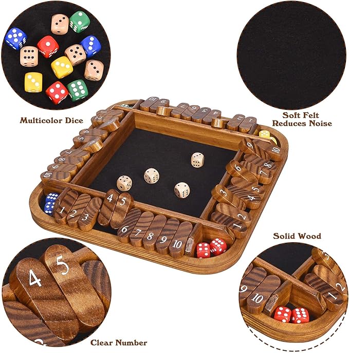 1-4 Players Shut The Box Dice Game,12" Wooden Board Table Math Games with 12 Dice and Storage Bag for Kids Adults Classic Tabletop Version for Classroom,Home,Party or Pub