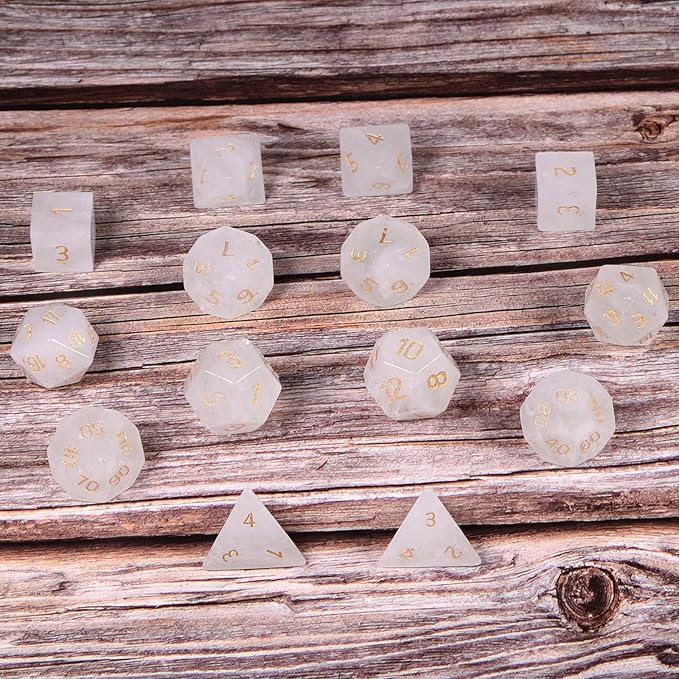 TUMBEELLUWA Engraved Crystal Stone Polyhedral Dice Set for RPG MTG Dungeons and Dragons Table Game 7 Pieces DND Board Game Dices with Pouch, Rock Crystal