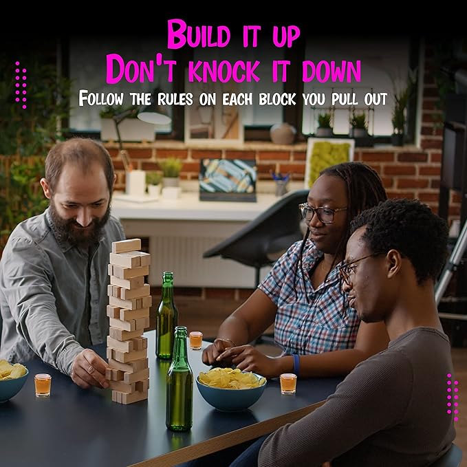 BETTERLINE Wooden Tower Stacking Blocks Drinking Game - 48 Pieces - Tumbling Tower for Adults - Friends Party Game, Bachelor Party, Bachelorette Party (60 Pieces w/Text)
